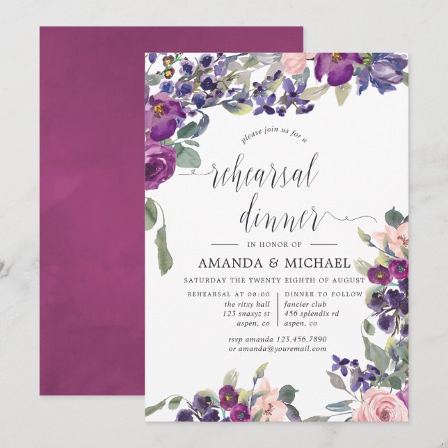 Violet and Plum Floral Wedding Rehearsal Dinner Invitation (Front/Back)