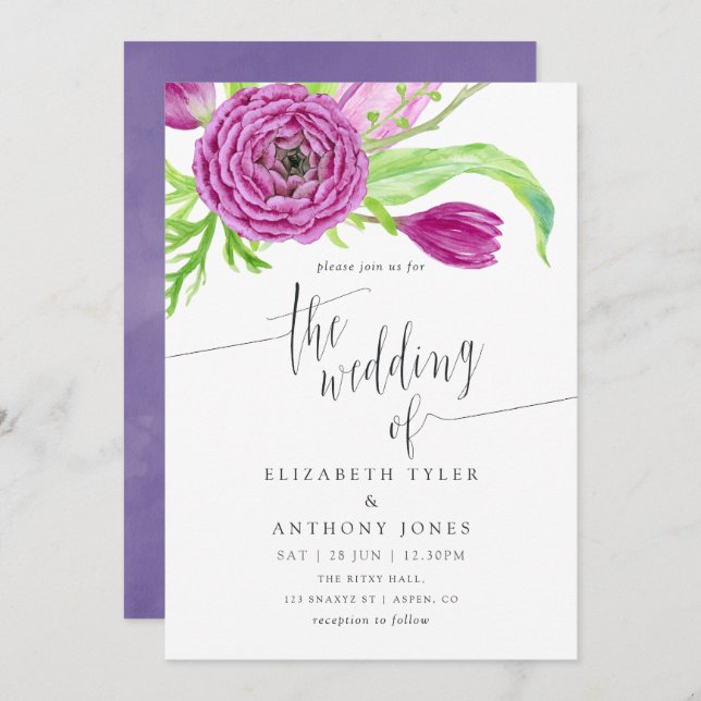Violet and Plum Watercolor Floral Wedding Invite (Front/Back)