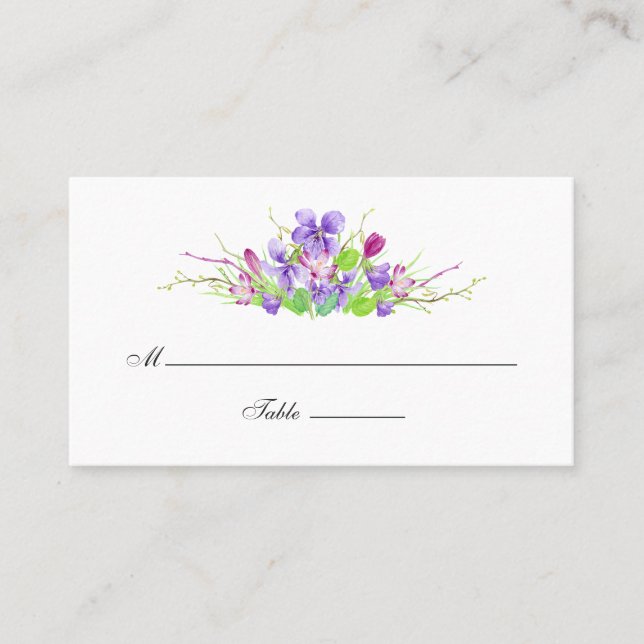 Violet and Plum Watercolor Floral Wedding Place Card (Front)