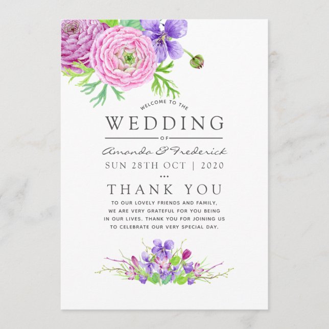 Violet and Plum Watercolor Floral Wedding Programme (Front)