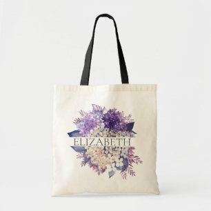 Violet and White Floral Bridesmaid Monogram Name Tote Bag