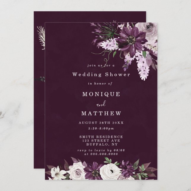Violet and White Peonies Wedding Shower Invites (Front/Back)
