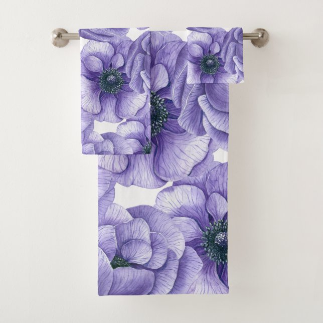 Violet anemone flowers watercolor pattern bath towel set (Insitu)