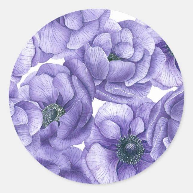 Violet anemone flowers watercolor pattern classic round sticker (Front)