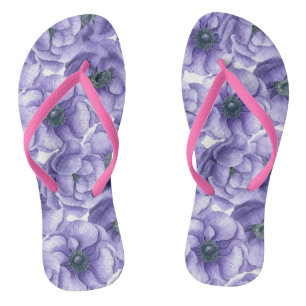 Violet anemone flowers watercolor pattern flip flo jandals