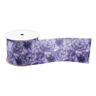 Violet anemone flowers watercolor pattern satin ribbon