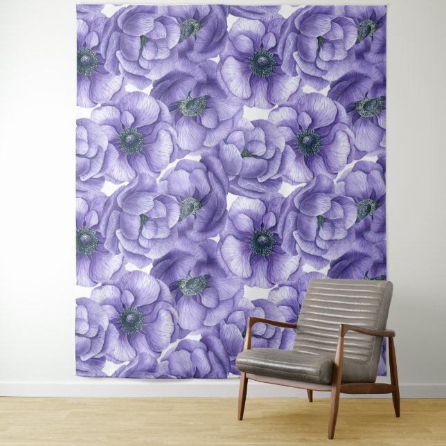 Violet anemone flowers watercolor pattern tapestry (In Situ)