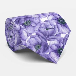 Violet anemone flowers watercolor pattern tie