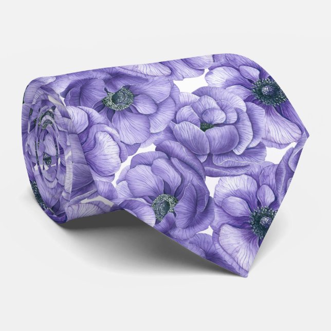 Violet anemone flowers watercolor pattern tie (Rolled)