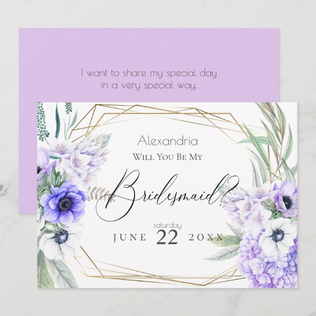 Violet  Anemone Flowers Will You Be My Bridesmaid Invitation (Front/Back)