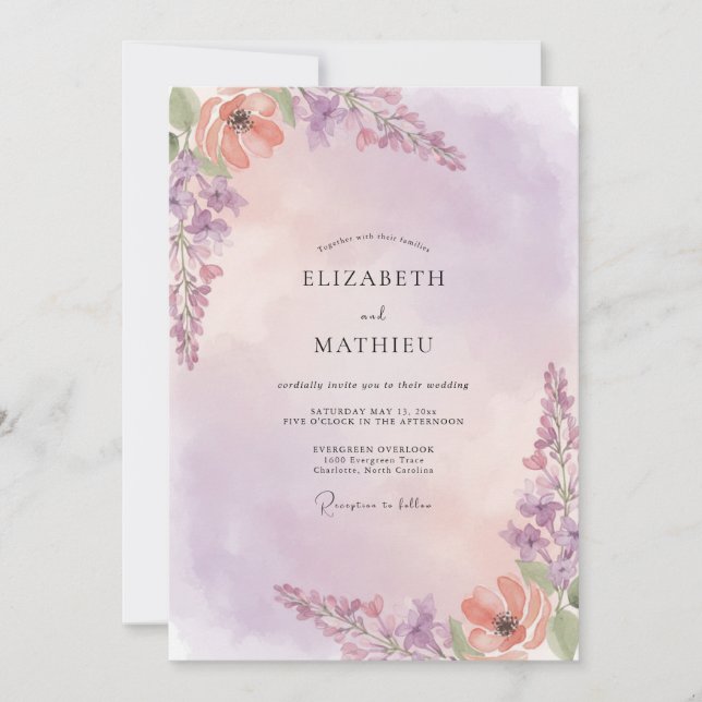 Violet Apricot Sprig Eucalyptus Wedding Invitation (Front)
