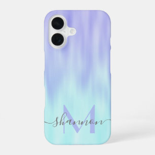 Violet Aqua Blue Pastel Ombre Chic Script Monogram iPhone 16 Case