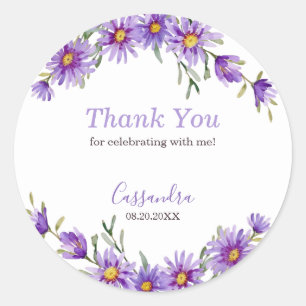 Violet Aster Floral Botanical Birthday Thank You Classic Round Sticker
