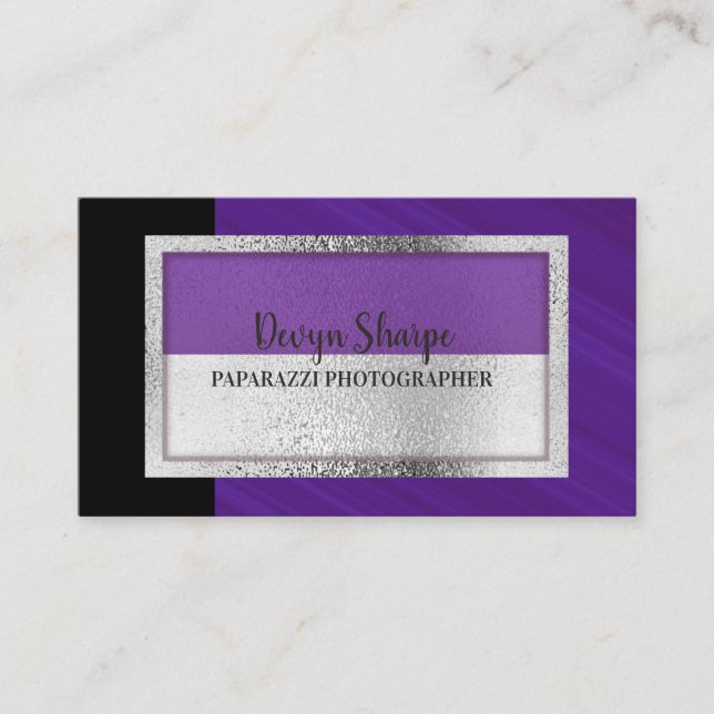 Violet Black and Silver Paparazzi Photography Business Card (Front)