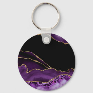 Violet Black Marble Agate Dark Glamor Golden Key Ring