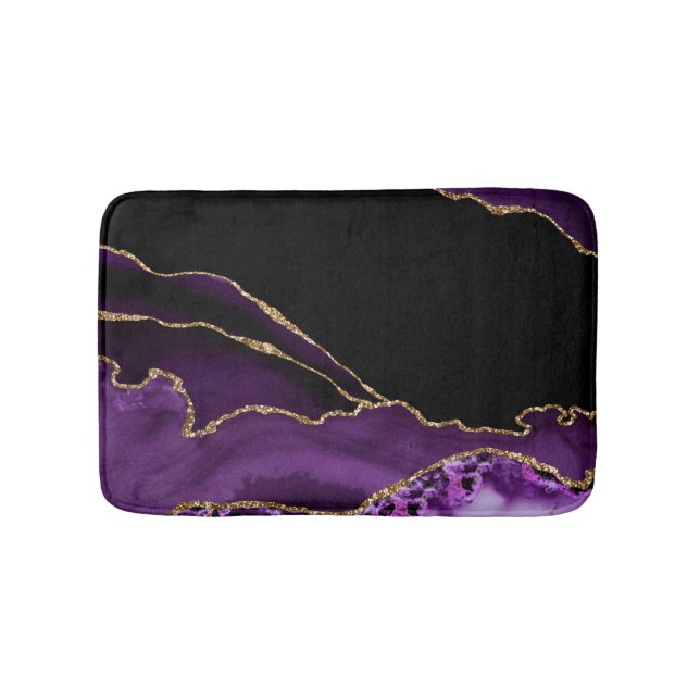 Violet Black Marble Agate Dark Glamour Golden Bath Mat (Front)