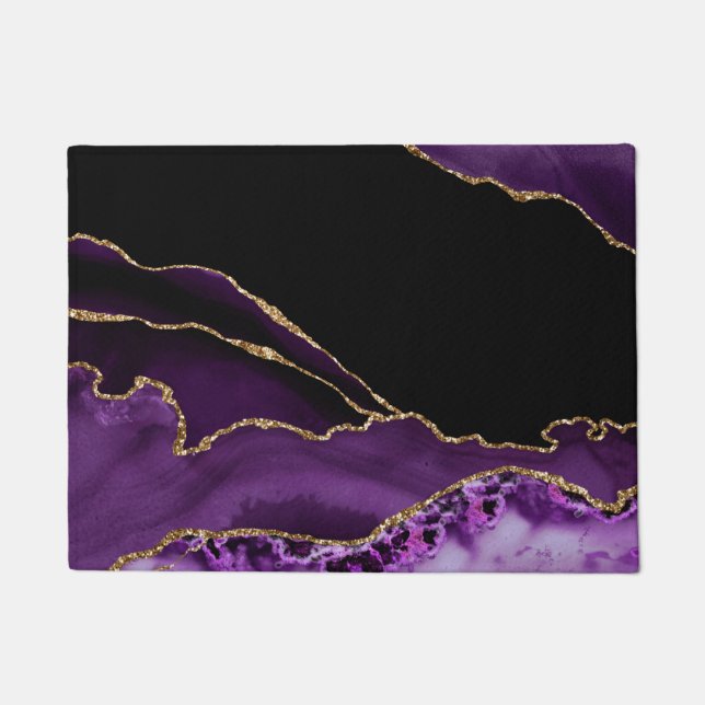 Violet Black Marble Agate Dark Glamour Golden Doormat (Front)