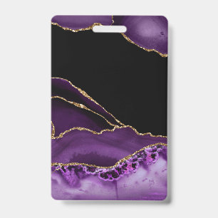 Violet Black Marble Agate Dark Glamour Golden ID Badge