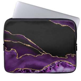 Violet Black Marble Agate Dark Glamour Golden Laptop Sleeve