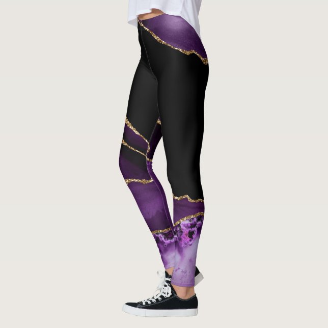 Violet Black Marble Agate Dark Glamour Golden Leggings (Left)
