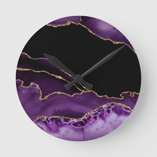 Violet Black Marble Agate Dark Glamour Golden Round Clock (Front)