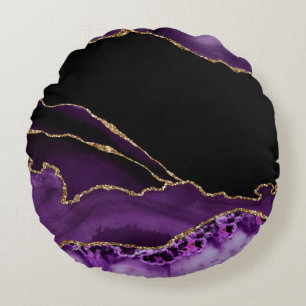 Violet Black Marble Agate Dark Glamour Golden Round Cushion