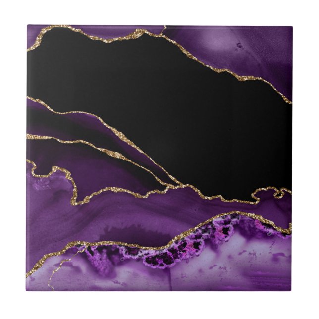 Violet Black Marble Agate Dark Glamour Golden Tile (Front)