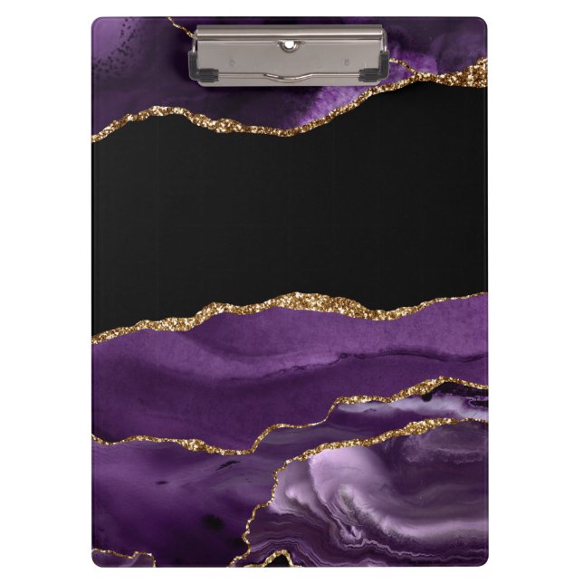 Violet Black Marble Agate Glam Golden Glitter Clipboard (Front)