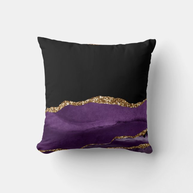 Violet Black Marble Agate Glam Golden Glitter Cushion (Front)