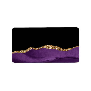 Violet Black Marble Agate Glam Golden Glitter Label