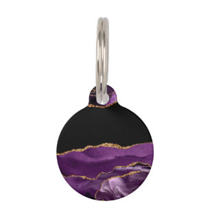 Violet Black Marble Agate Glam Golden Glitter Pet Tag