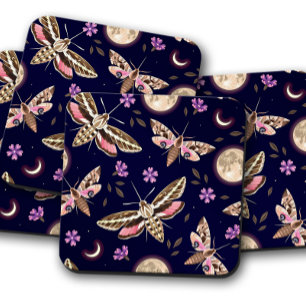 Violet Bloom Moth Botanical Insect Cork Coasters
