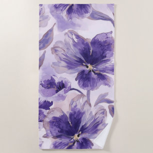 Violet Blooms Watercolor Purple Flowers Painted Beach Towel