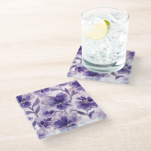 Violet Blooms Watercolor Purple Flowers Painted Glass Coaster