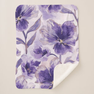 Violet Blooms Watercolor Purple Flowers Painted Sherpa Blanket