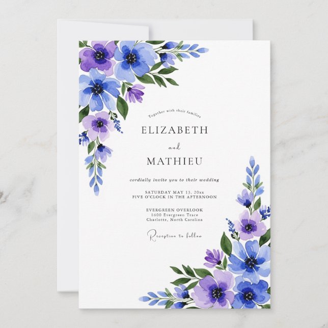 Violet Blue Botanical Romance Wedding Invitation (Front)