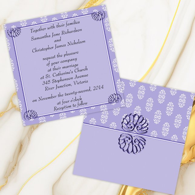 Violet Blue Damask Wedding Invitation (Creator Uploaded)
