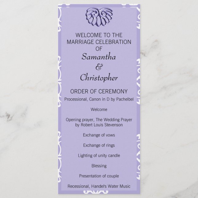 Violet Blue Damask Wedding Program Programme (Front)