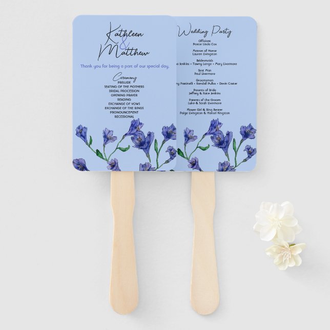 Violet Blue Floral Watercolor Wedding Hand Fan (Front and Back)