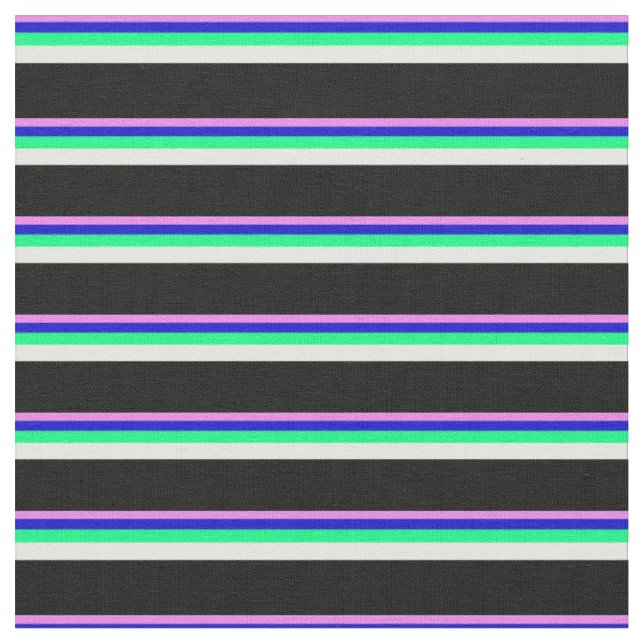 Violet, Blue, Green, White, and Black Stripes Fabric (Close Up)