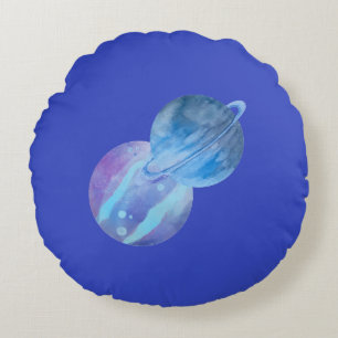 Violet Blue Planets Round Throw Pillow