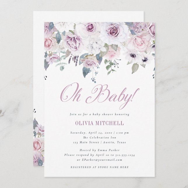 Violet Blush Floral Baby Shower | Oh Baby Invitation (Front/Back)