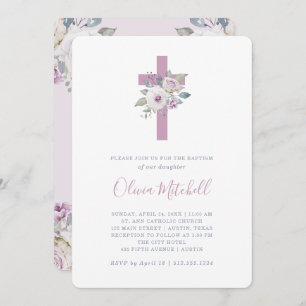 Violet Blush Floral Baptism with Cross Invitation