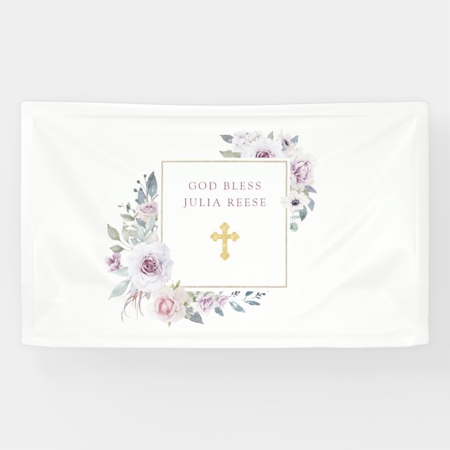 Violet Blush Floral | Gold Cross Baptism Banner (Horizontal)