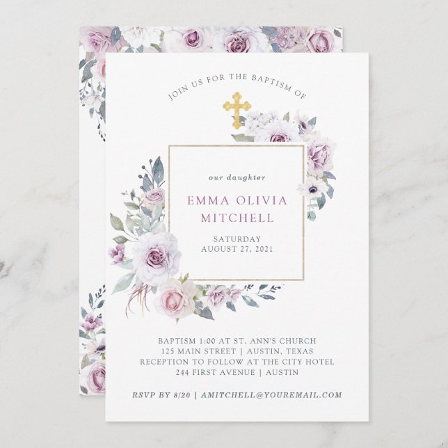 Violet Blush Floral | Gold Cross Baptism Invitation (Front/Back)