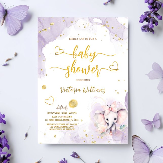 Violet Blush Pink Elephant Baby Girl Shower Invitation (Creator Uploaded)