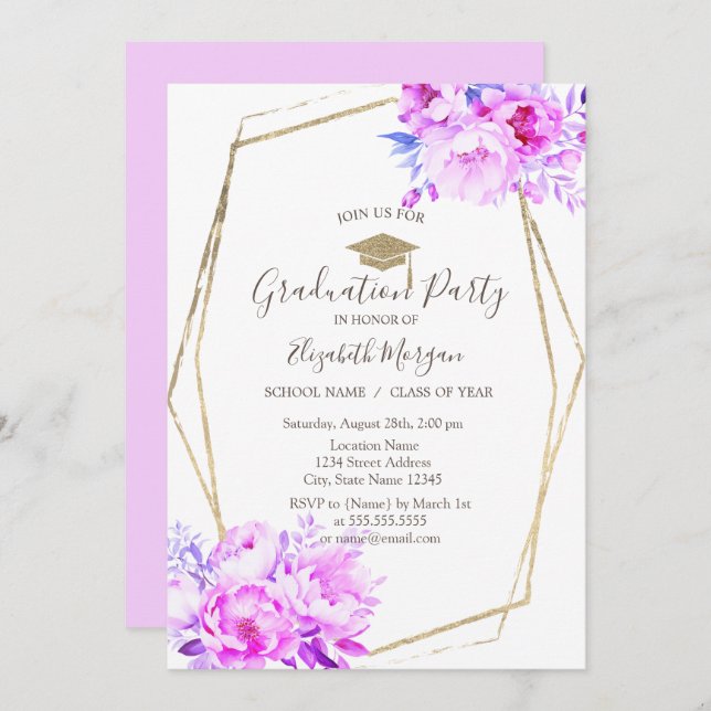 Violet Blush Roses,Grad Cap,Graduation  Invitation (Front/Back)