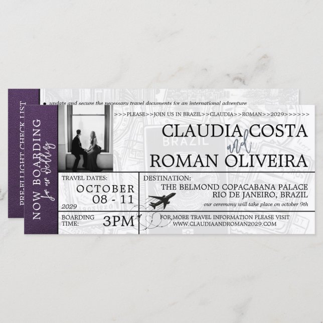Violet Brazil Wedding Boarding Pass Invitation (Front/Back)