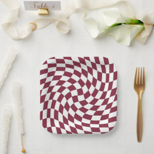 Violet Burgundy Wedding Collection Check Chequered Paper Plate