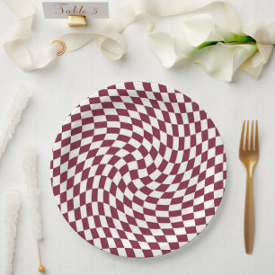 Violet Burgundy Wedding Collection Check Chequered Paper Plate